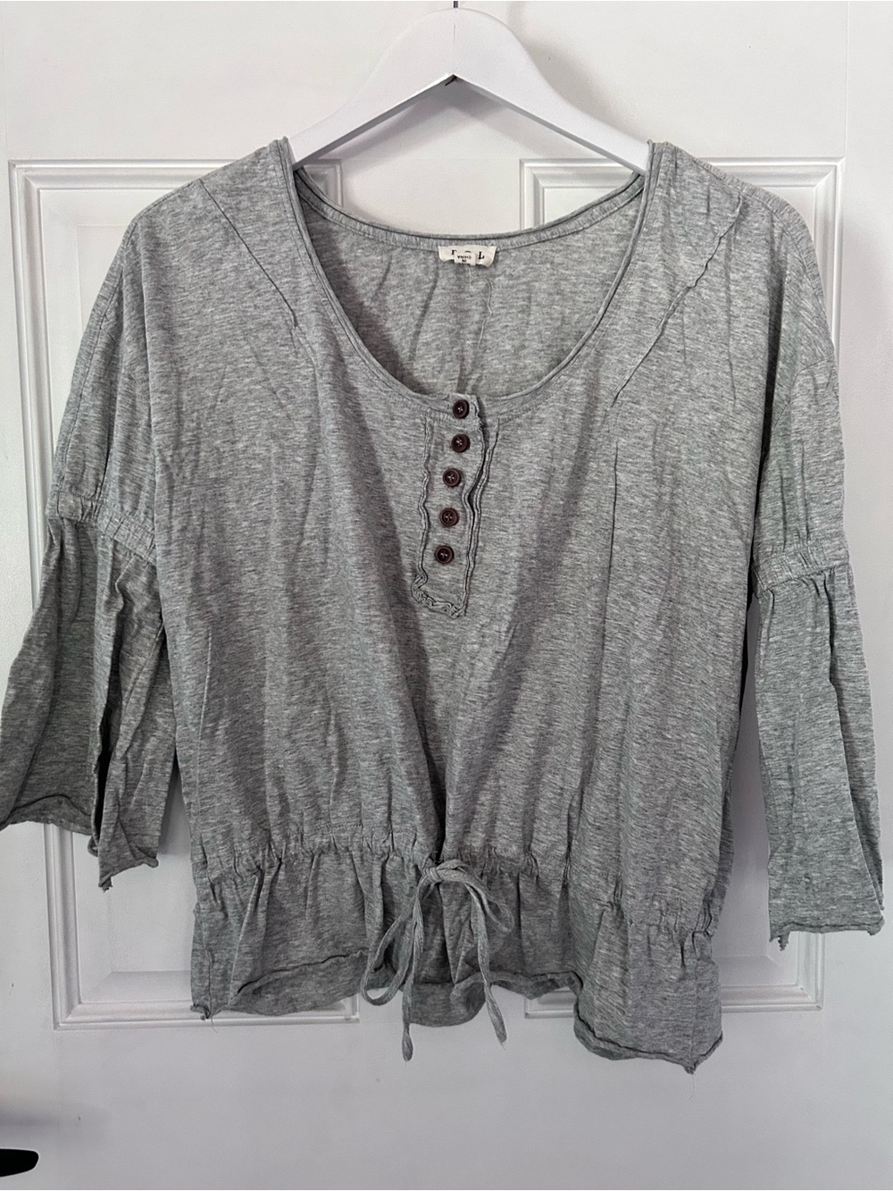 POL Light Gray Button-Front Drawstring Short Sleeve Top